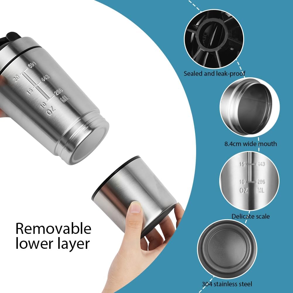 AOOWU Stainless Steel Shaker Bottle with Wire Whisk Ball 900ml, Leak Proof Metal Shaker Bottles for Protein Mixes, Supplement Protein Shake Cup, Water Bottle Portable Pre Workout Gym Sports