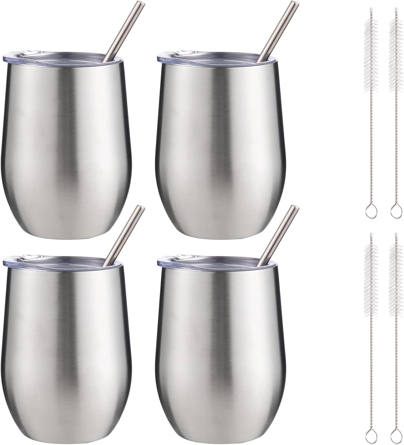 12 oz Insulated Wine Tumbler with Lid and Straw,Stainless Steel Stemless Wine Tumbler Glasses Double Wall Vacuum Wine Cups Tumbler for Coffee,Champaign,Cocktail,Office（Silver,1）