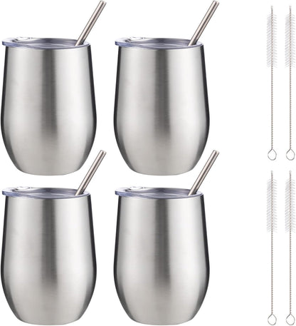 12 oz Insulated Wine Tumbler with Lid and Straw,Stainless Steel Stemless Wine Tumbler Glasses Double Wall Vacuum Wine Cups Tumbler for Coffee,Champaign,Cocktail,Office（Silver,1）