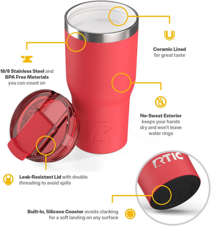 RTIC 20oz Essential Tumbler with Lid, Ceramic Lined, Insulated, Stainless Steel, Metal, Double Wall Vacuum-Insulation, Travel Cup for Iced Coffee, Tea, Hot and Cold Drink, Graphite