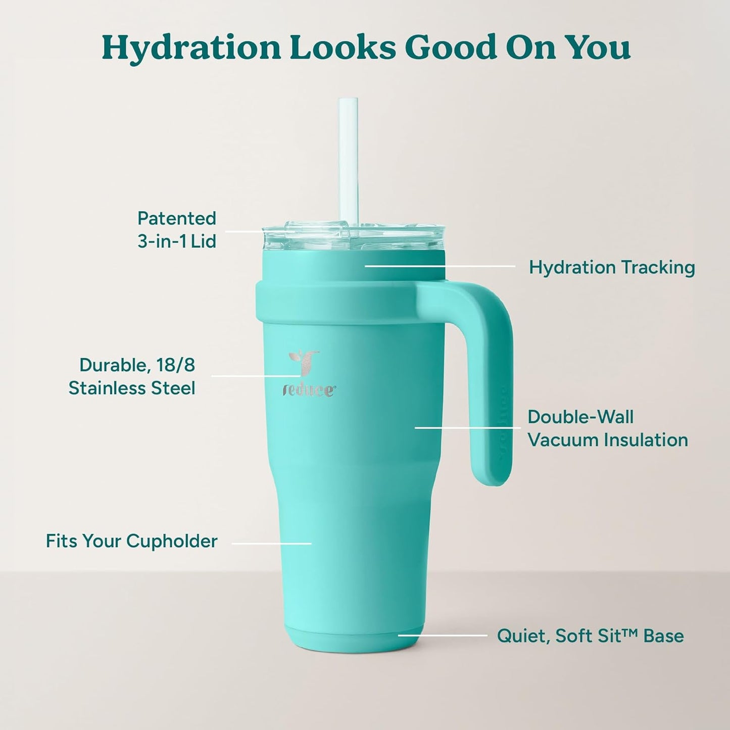 REDUCE 24 oz Stainless Steel Tumbler with Handle - Dual-Wall Vacuum Insulated Travel Mug, Sweat-Proof Lid & Reusable Straw - Keeps Drinks Cold for 24 Hrs, Fits Cupholders, Dishwasher Safe - Lilac Bud