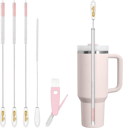 15 Inch Extra Long Straw Cleaner Brush Set, 5 Pcs Reusable Cleaning Brushes for Stanley 40 oz Tumbler, Owala, Yeti, Includes 4 Flexible Straw Brushes and 1 3-in-1 Cup Lid Gap Cleaning Tool(Pink)