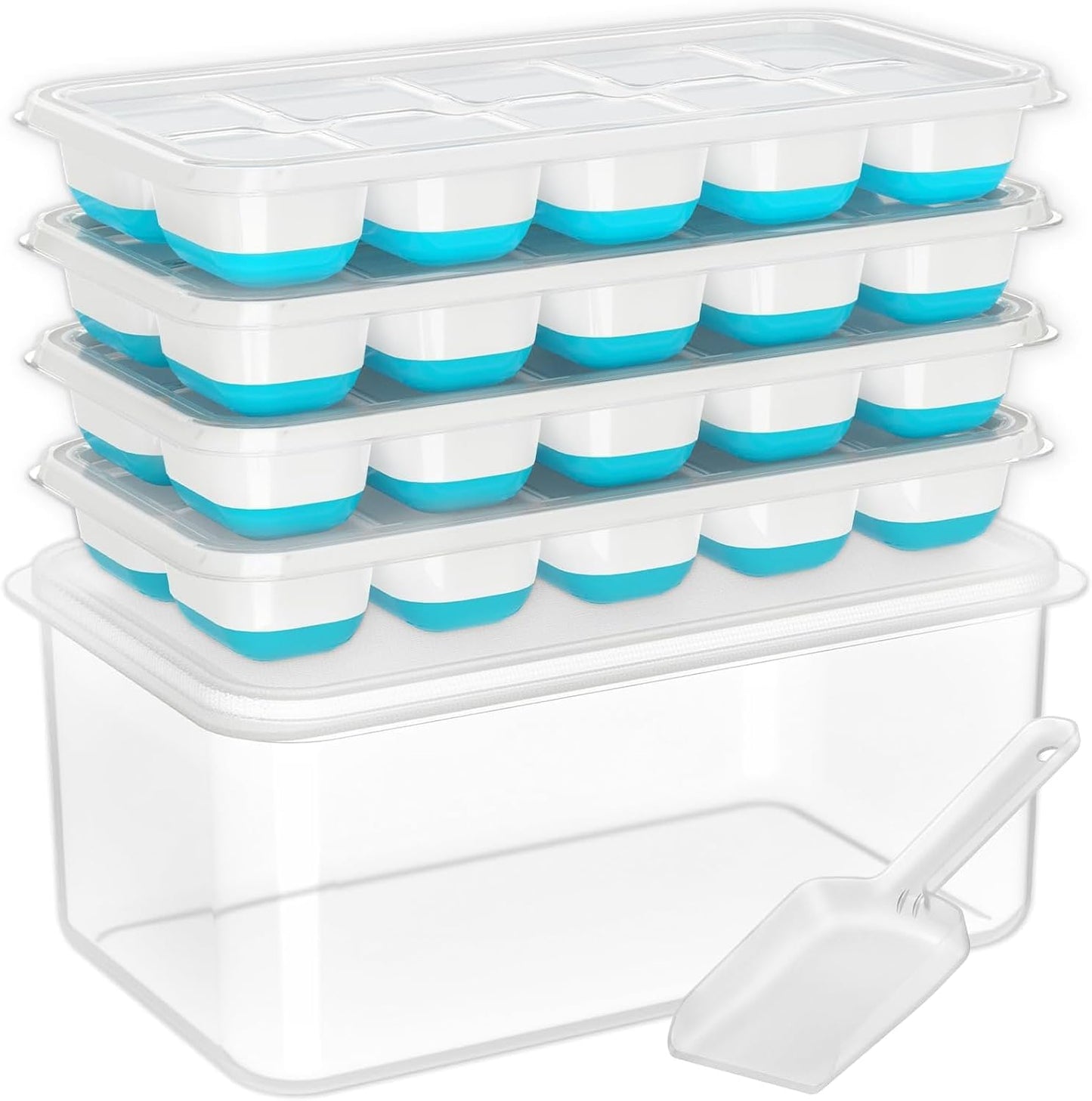 DOQAUS Ice Cube Tray with Lid and Bin - 4 Pack Silicone Ice Cube Trays for Freezer, Stackable Ice Bucket Kits with Storage Container & Scoop for Kitchen, RV, Cocktail, Coffee