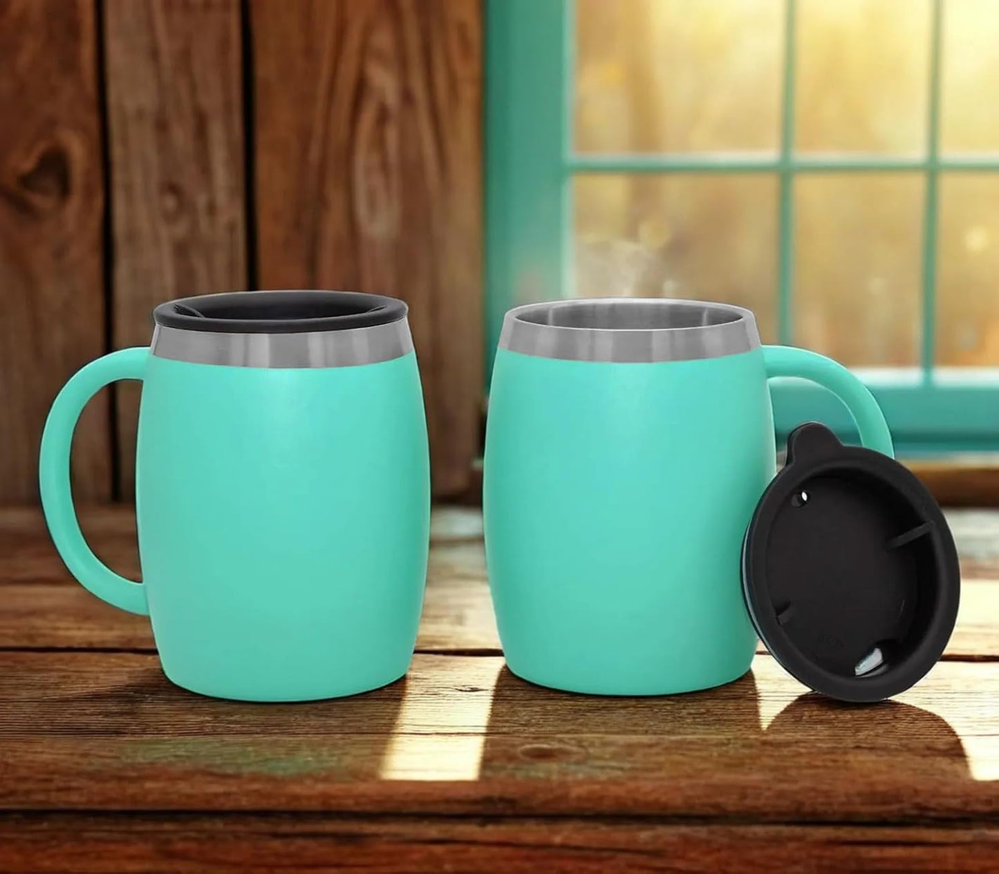 CHILLOUT LIFE Stainless Steel Insulated Coffee Mugs Set of 2 (14oz) – Double Wall Coffee Cups with Spill Resistant Lid & Strong Handle, Shatterproof Cups for Cold Drinks and Hot Beverages