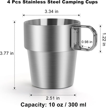 4-Pack Stainless Steel Camping Cups with Foldable Handle, 10 oz Camping Coffee Mugs with Double Wall Design, Ideal for Outdoor Activities, Travel, and Home Use
