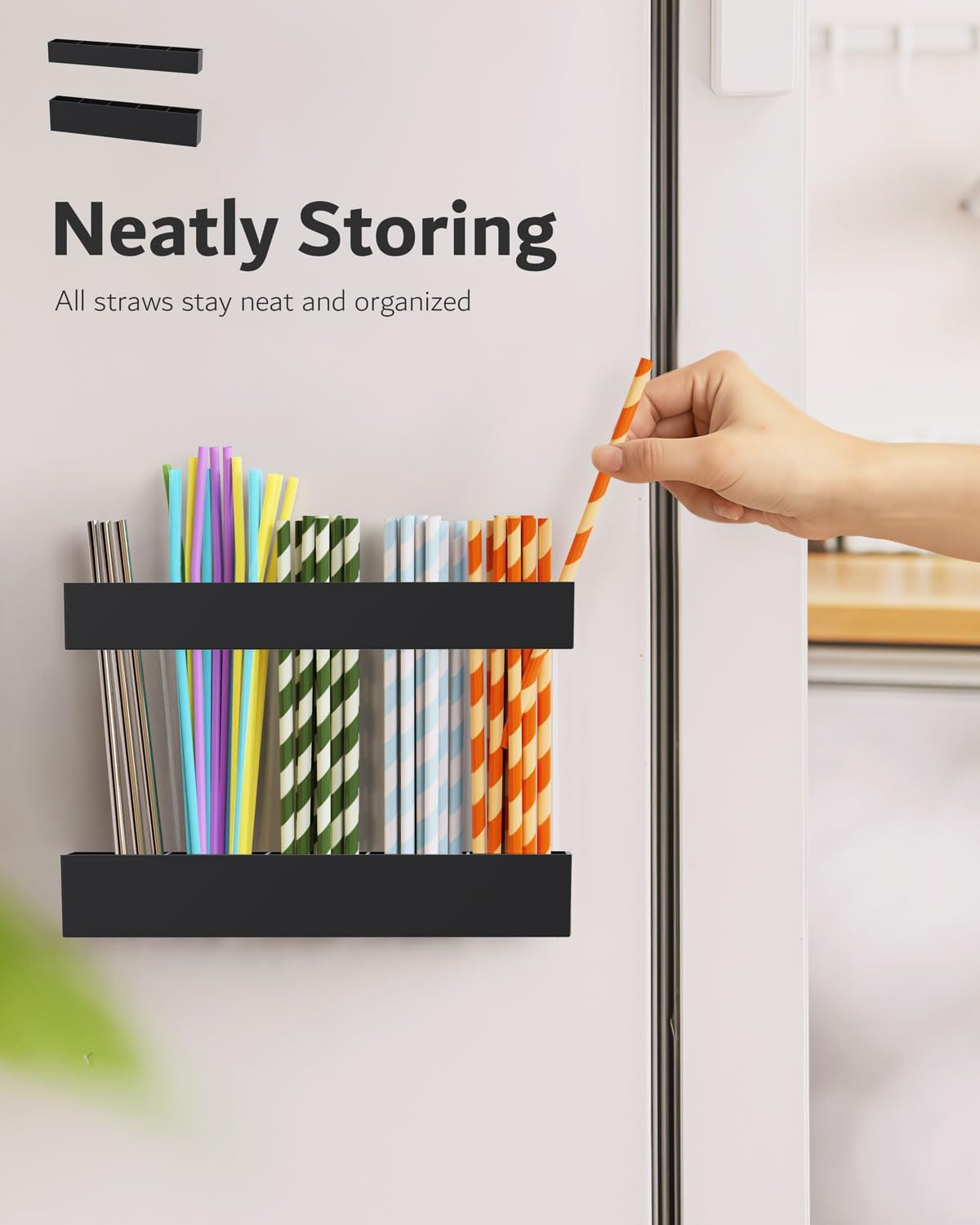 Upgraded 9.5'' Large Acrylic Straw Holder for Cabinet Door, Adjustable Space-Saving Straw Organizer Storage Dispenser for Cabinet with Ultra Sticky Adhesive Strips, 2-Part Rack, Drainage Holes