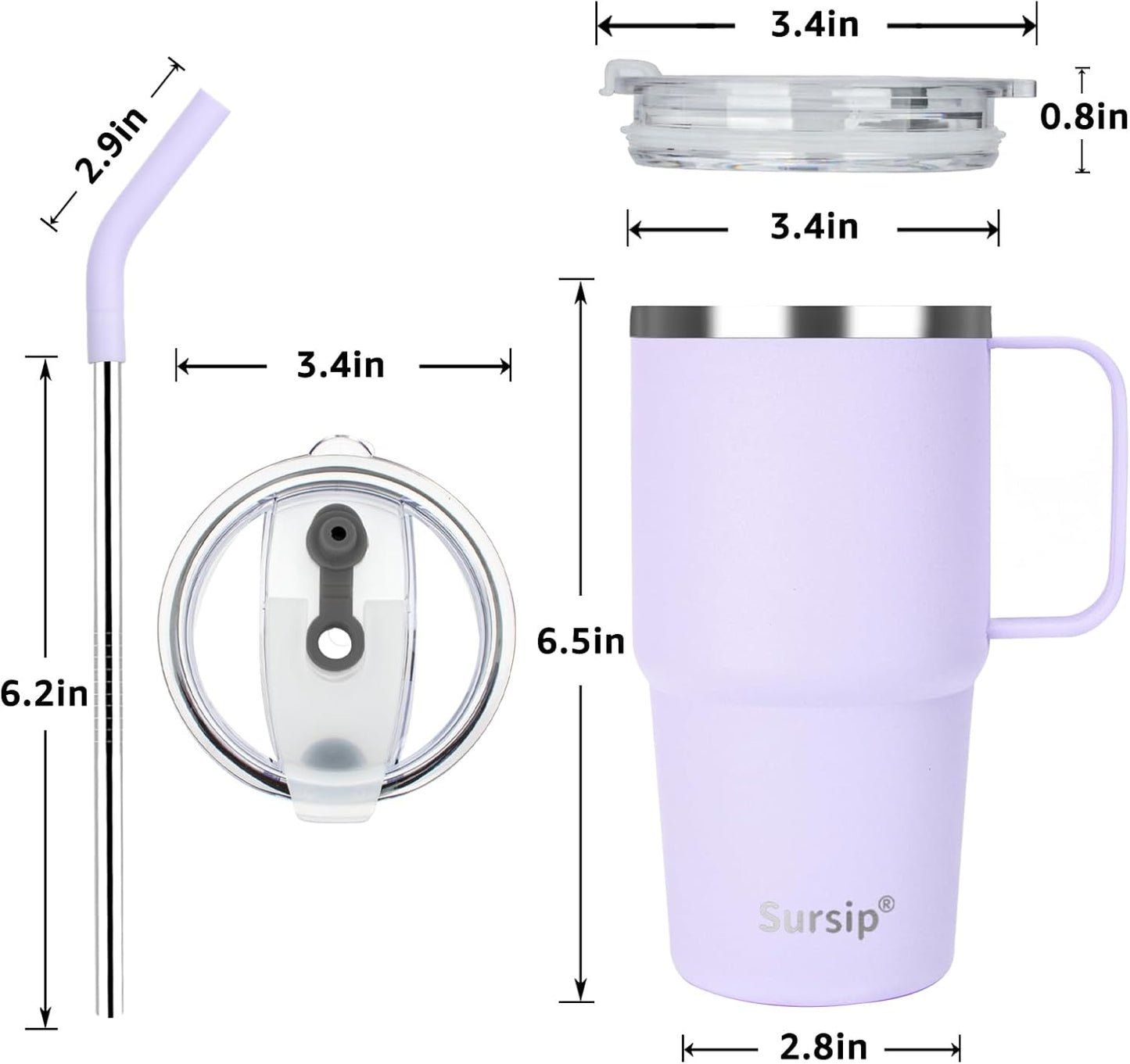 Sursip Insulated Coffee Mug with Handle and Lid, 24 oz Double Wall Vacuum Travel Thermal Coffee Tumbler with Straw for Home, Office Stainless Steel Coffee Cup - Leak proof, BPA Free (Black-1 Pack)