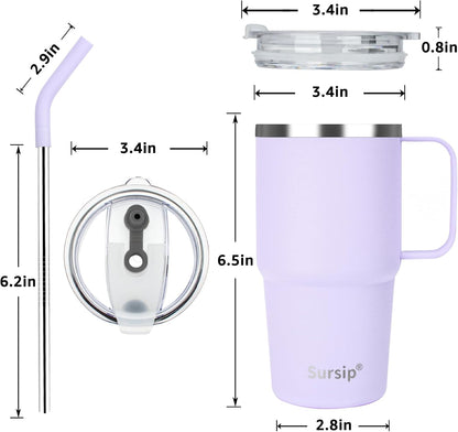 Sursip Insulated Coffee Mug with Handle and Lid, 24 oz Double Wall Vacuum Travel Thermal Coffee Tumbler with Straw for Home, Office Stainless Steel Coffee Cup - Leak proof, BPA Free (Black-1 Pack)