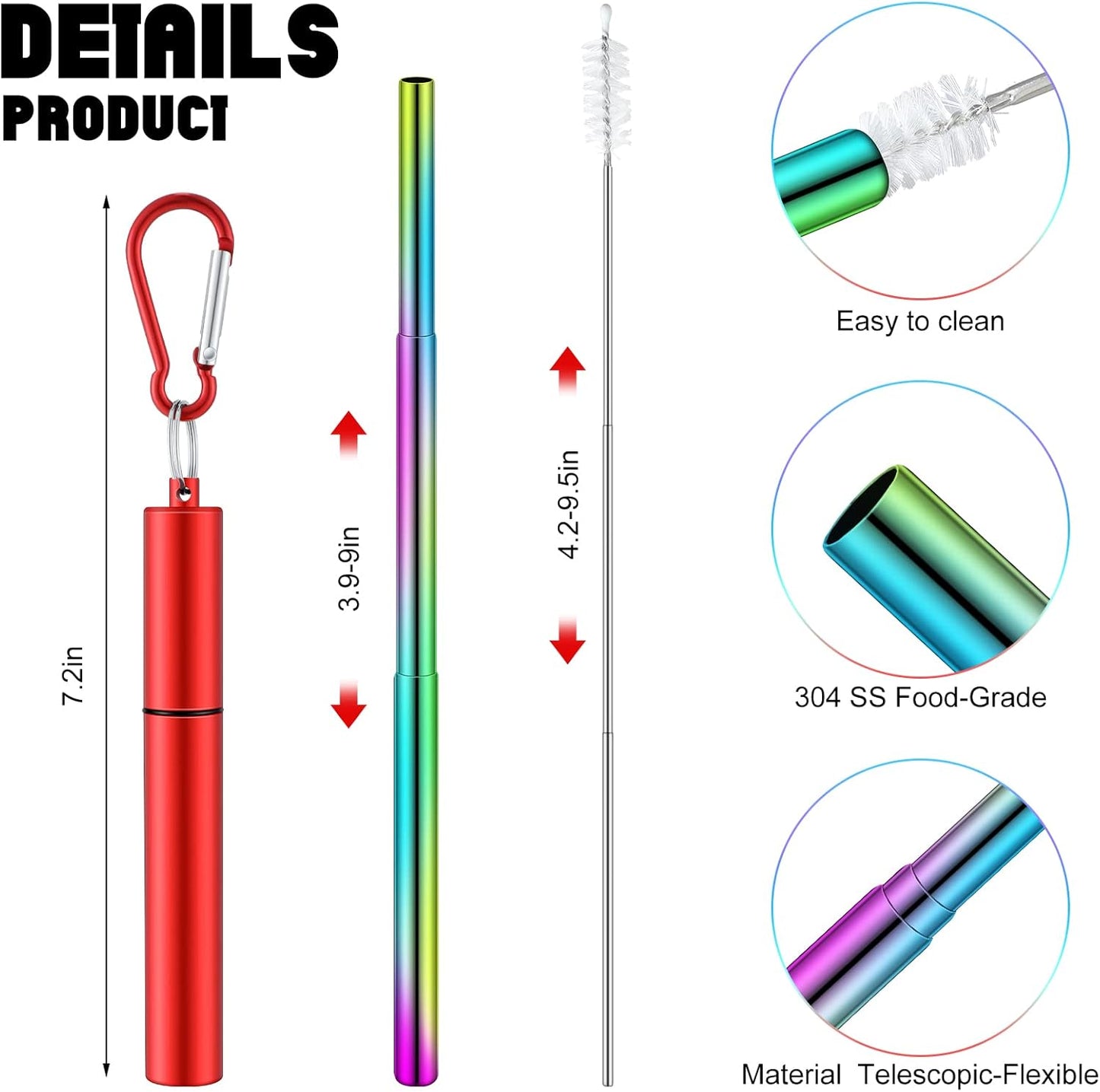 Zubebe 8 Pack Metal Reusable Straw Collapsible Straws Stainless Steel Drinking Straw with Plastic Case Silicone Tip and Cleaning Brush and Keychain Long Telescopic Portable for Travel Work