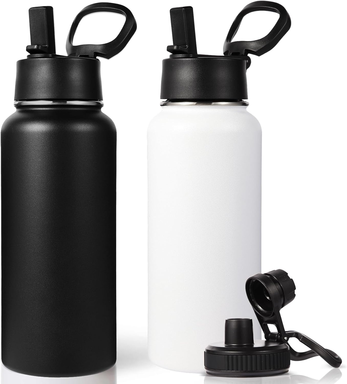Neihepal 32 oz Insulated Water Bottle with 2 Lids (Straw & Spout Lid), 18/8 Stainless Steel Double Wall Water Bottles for Gym, Travel, Camping, Sports (Silver,1 Pack)