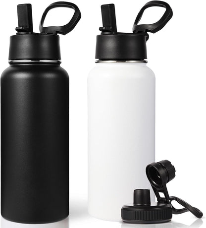 Neihepal 32 oz Insulated Water Bottle with 2 Lids (Straw & Spout Lid), 18/8 Stainless Steel Double Wall Water Bottles for Gym, Travel, Camping, Sports (Silver,1 Pack)