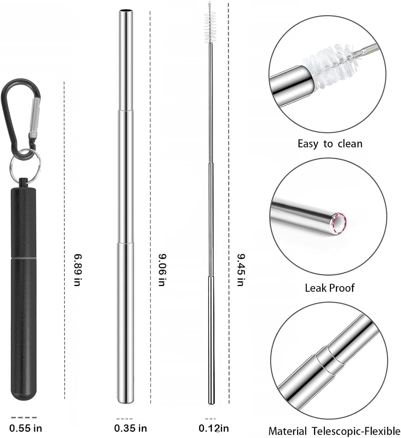 Collapsible Stainless Steel Drinking Straws with Aluminum Case, Cleaning Brush, and Keychains（Black+Silver）