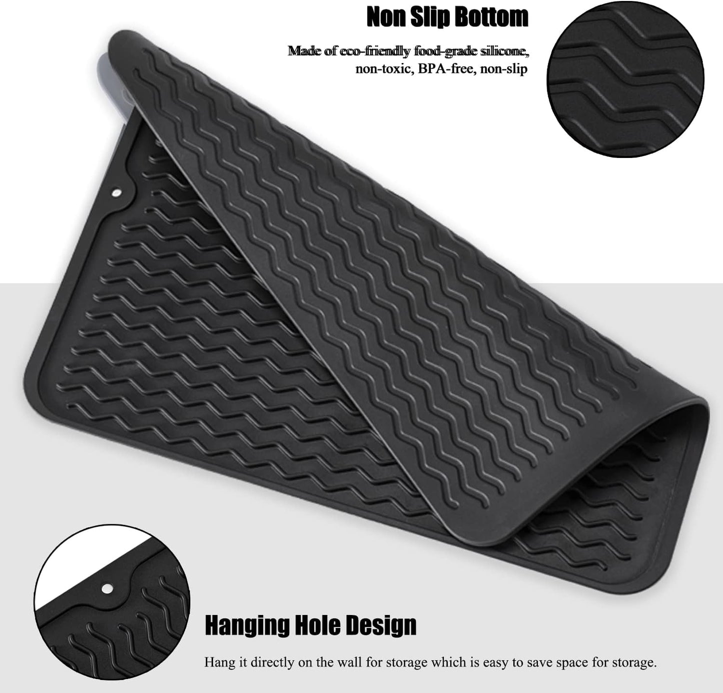 Silicone Dish Drying Mat, Non-Slip Easy Clean Sink Mat Large Heat-resistant Dish Drainer Mat for Kitchen Counter, Sink, Refrigerator or Drawer liner (12" x 6", BLACK)