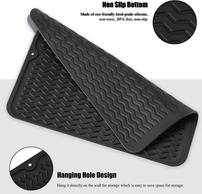 Silicone Dish Drying Mat, Non-Slip Easy Clean Sink Mat Large Heat-resistant Dish Drainer Mat for Kitchen Counter, Sink, Refrigerator or Drawer liner (12" x 6", BLACK)