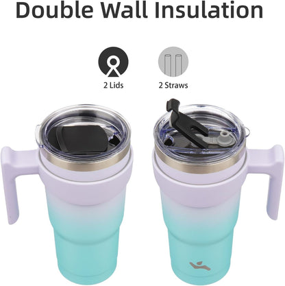 Konokyo 20 oz Tumbler with Handle and 2 Straw 2 Lid, Insulated Water Bottle Stainless Steel Vacuum Cup Reusable Travel Mug,Black