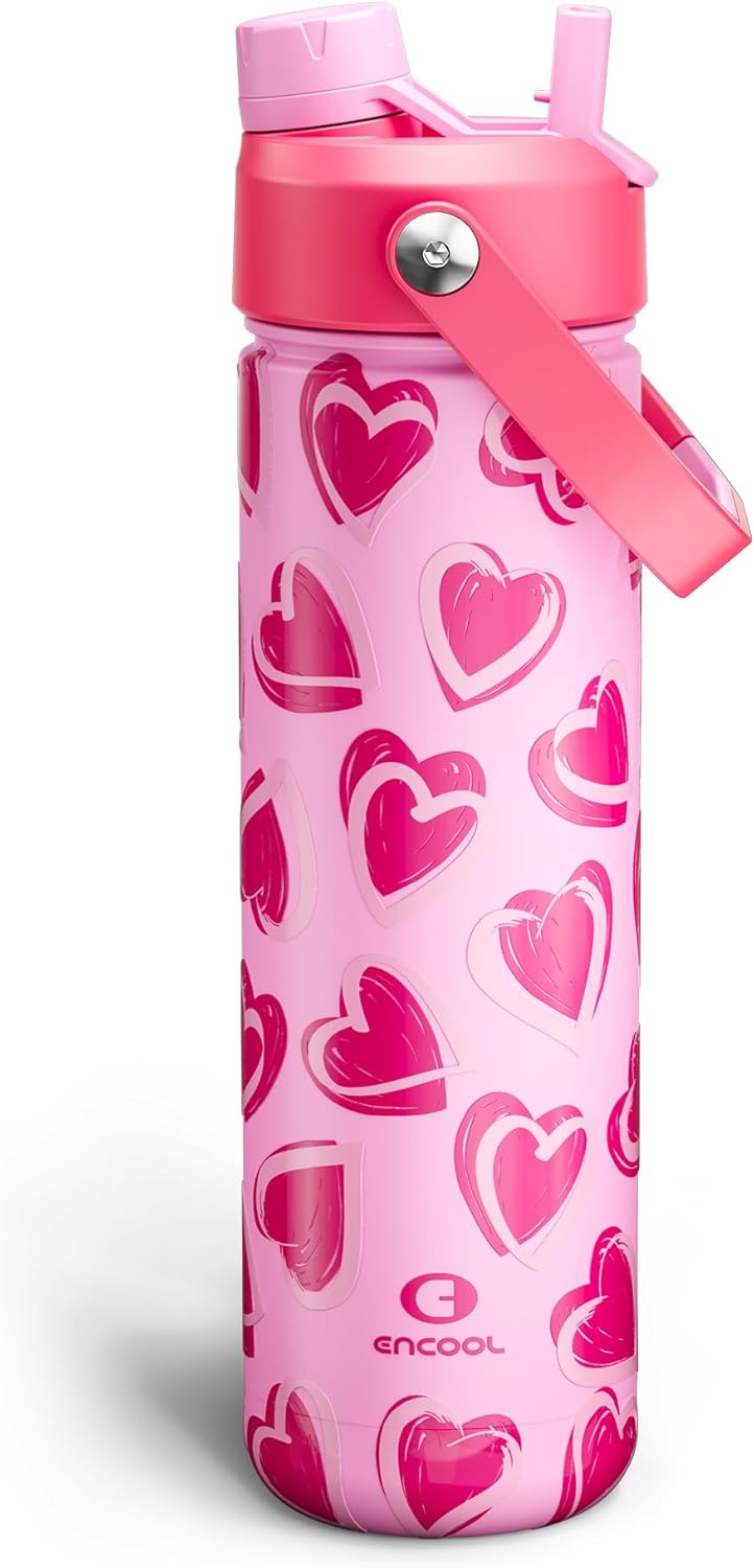 ENCOOL Insulated Water Bottle with Straw Stainless Steel Water Bottle, Leak-Proof, BPA-Free, Double Wall Vacuum Keeps Cold for 24 Hours for Sports, Travel, School (26 oz, Cotton Candy) - Colors A