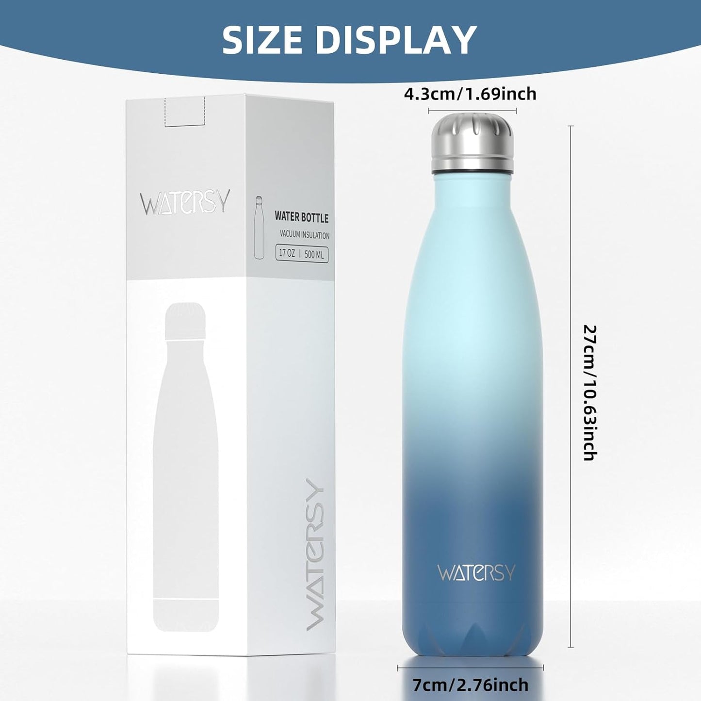 WATERSY Stainless Steel water bottles,17oz/500ml Insulated Water Bottles,Deep Blue metal water bottle Keeps Drink Cold and Hot,BPA Free kids water bottles for School,Gym,Travel,Sports