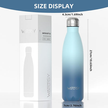 WATERSY Stainless Steel water bottles,17oz/500ml Insulated Water Bottles,Deep Blue metal water bottle Keeps Drink Cold and Hot,BPA Free kids water bottles for School,Gym,Travel,Sports