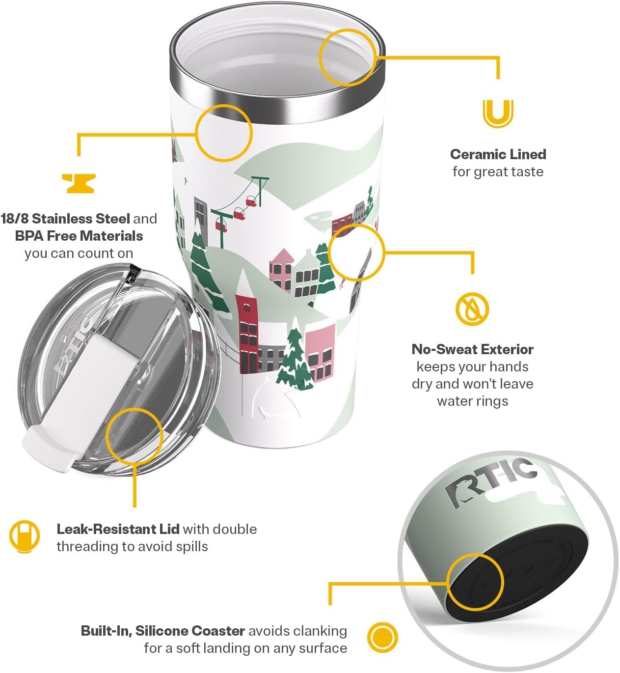 RTIC 20oz Essential Tumbler with Lid, Ceramic Lined, Insulated, Stainless Steel, Metal, Double Wall Vacuum-Insulation, Travel Cup for Iced Coffee, Tea, Hot and Cold Drink, Graphite