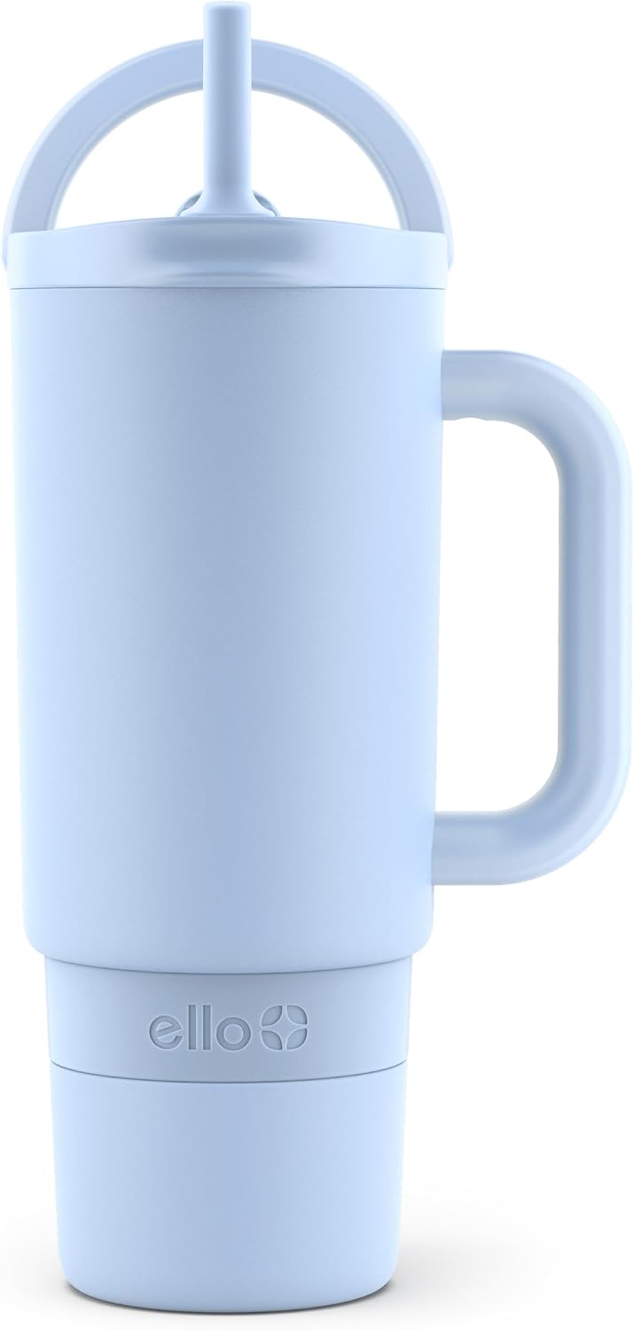 Ello Port 40oz Tumbler with Carry Loop & Integrated Handle, Vacuum Insulated Stainless Steel Reusable Water Bottle, Travel Mug with Leak Proof Lid & Straw, Perfect for Iced Coffee & Tea, White