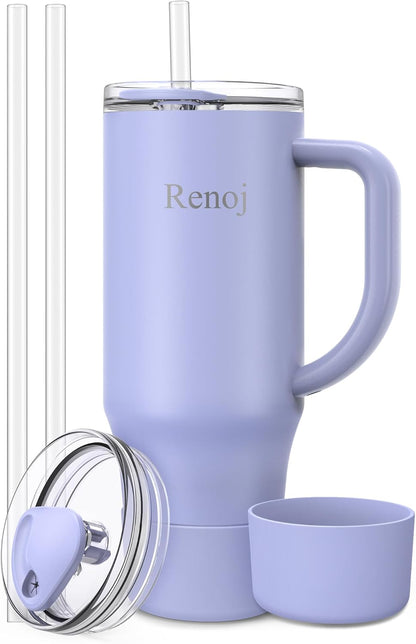 Renoj Insulated Mug 100% Leak Proof Insulated Water Bottle for Iced Coffee & Hot Drinks - Fits Car Cup Holder, Ideal Gift, 2 Straws & Silicone Boot - SnapShift Pink 32 oz