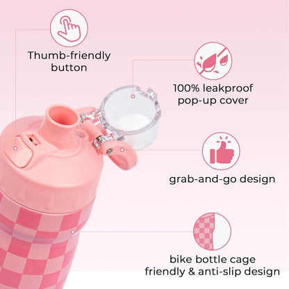 Magnetic Water Bottle with Straw 25 oz - Stainless Steel Insulated Tumbler for Gym & Bike (Fits Holders) - Leak Proof Pop-Up Lid, 2-in-1 Sip or Chug, Handle & Cute Pink Checkered Print