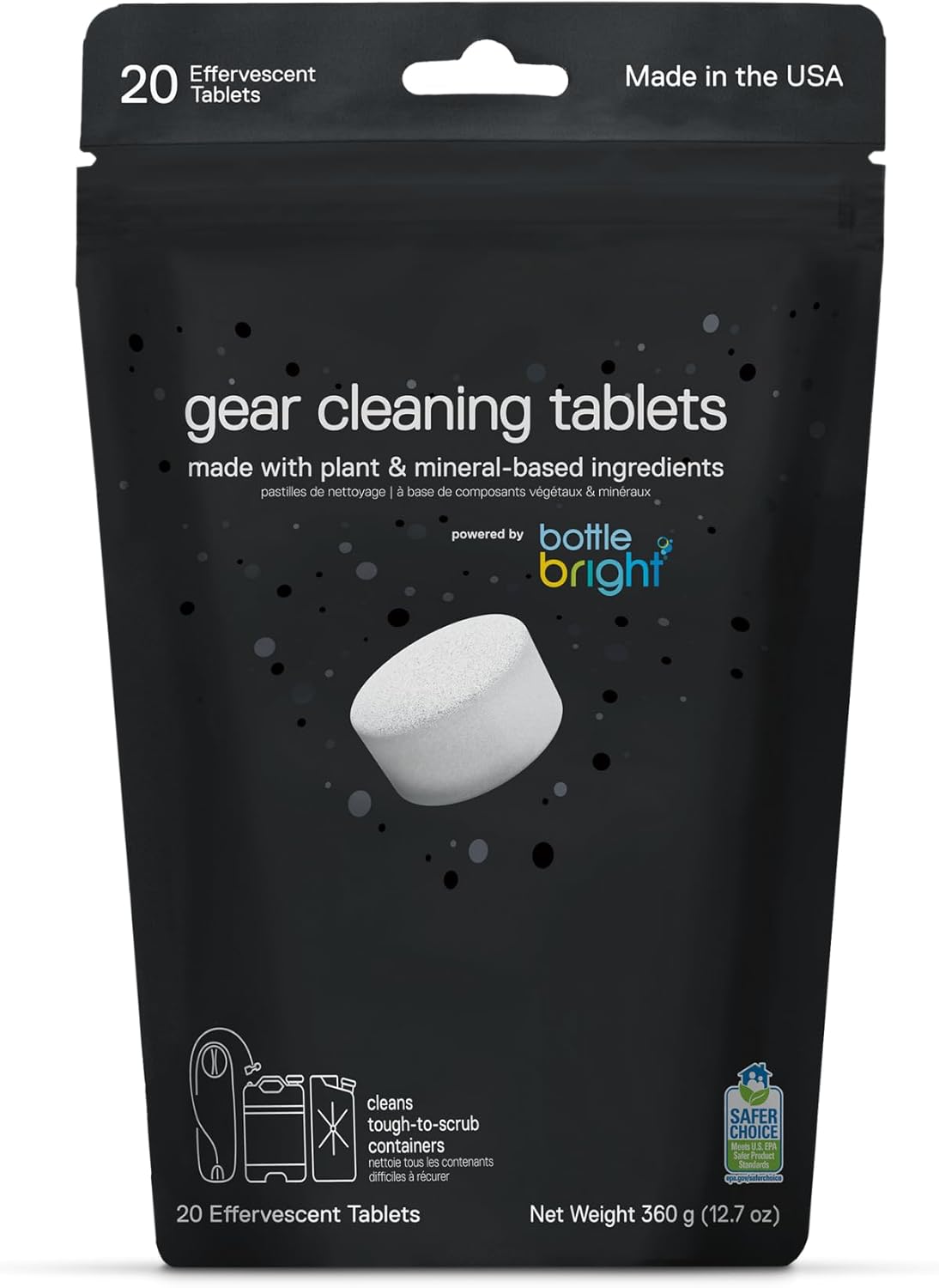 Gear Cleaning Tablets by Bottle Bright (6 or 20 Count) - EPA Safer Choice Certified - Hydration Reservoir, Large Container & Water Storage System Cleaner