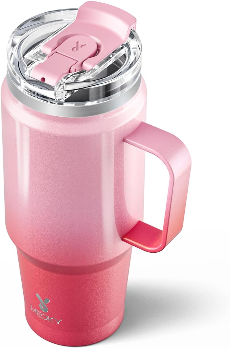 Meoky 32oz Tumbler with Handle, Stainless Steel Travel Mug with 2-in-1 Straw and Sip Lid, Vacuum Insulated Coffee Mug, 100% Leak Proof, Keeps Cold for 24 Hours or Hot for 8 Hours (Sky)