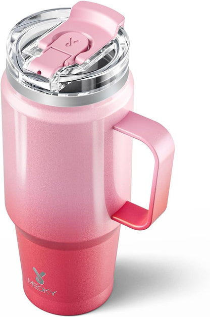 Meoky 32oz Tumbler with Handle, Stainless Steel Travel Mug with 2-in-1 Straw and Sip Lid, Vacuum Insulated Coffee Mug, 100% Leak Proof, Keeps Cold for 24 Hours or Hot for 8 Hours (Sky)