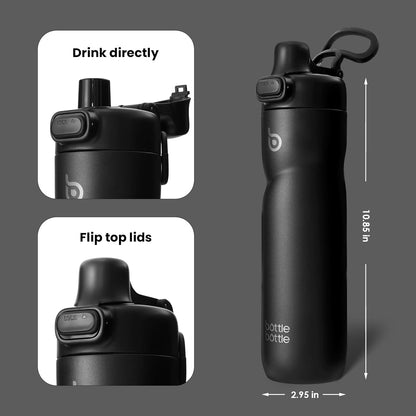 BOTTLE BOTTLE Insulated Water Bottle 24 oz with Handle and Flip Tops Lids Stainless Steel Water Bottle Push Button Lid Leak proof Portable for Running Travel Sports Hiking blue
