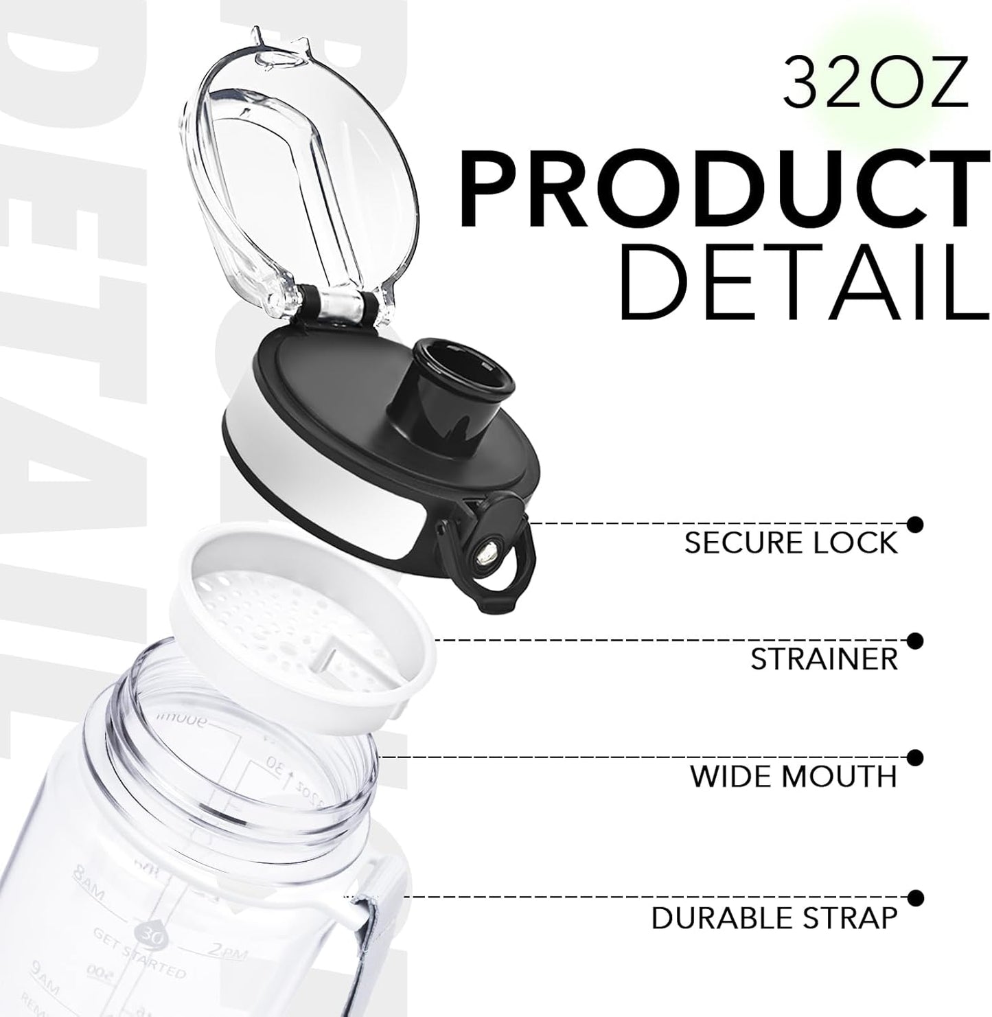 32oz Water Bottle with Time Marker, Motivational Drinking Bottle with Strap, BPA-Free Leak-Proof, Encouraging Water Bottle Time to Drink Water for Gym School Office Travel