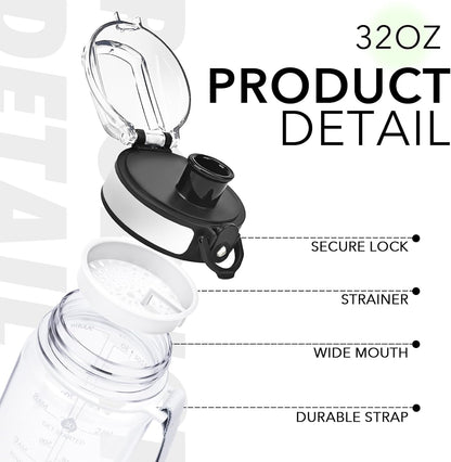 32oz Water Bottle with Time Marker, Motivational Drinking Bottle with Strap, BPA-Free Leak-Proof, Encouraging Water Bottle Time to Drink Water for Gym School Office Travel
