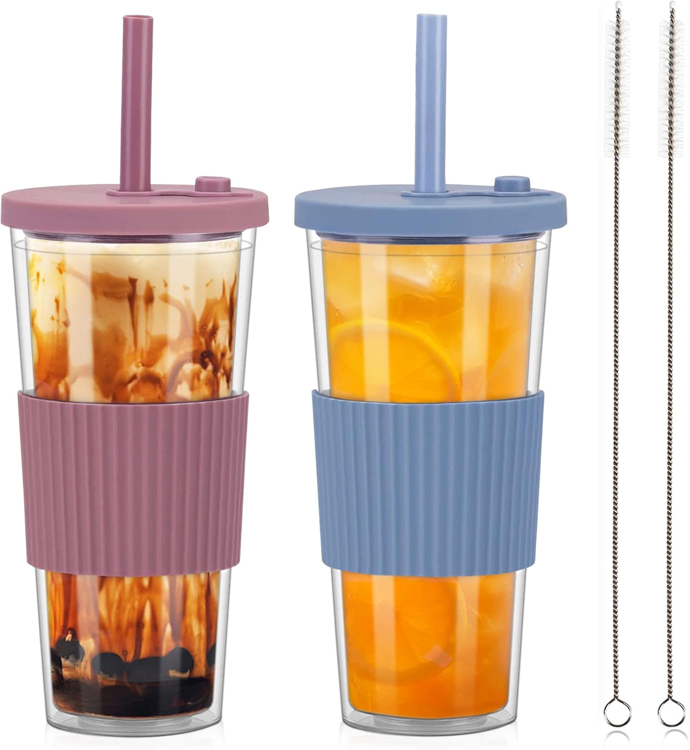 2 Pack Reusable Boba Tea Cups, 24oz Iced Coffee Cup with Straw and Lid, Leakproof Clear Plastic Cups Tumbler, Double Wall Insulated Smoothie Tumbler, Wide Straw for Bubble Tea, Black and White
