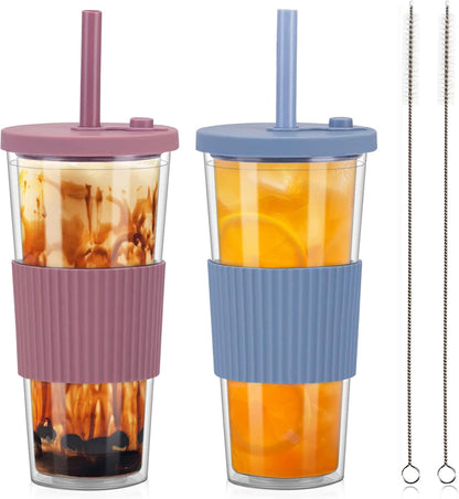 2 Pack Reusable Boba Tea Cups, 24oz Iced Coffee Cup with Straw and Lid, Leakproof Clear Plastic Cups Tumbler, Double Wall Insulated Smoothie Tumbler, Wide Straw for Bubble Tea, Black and White