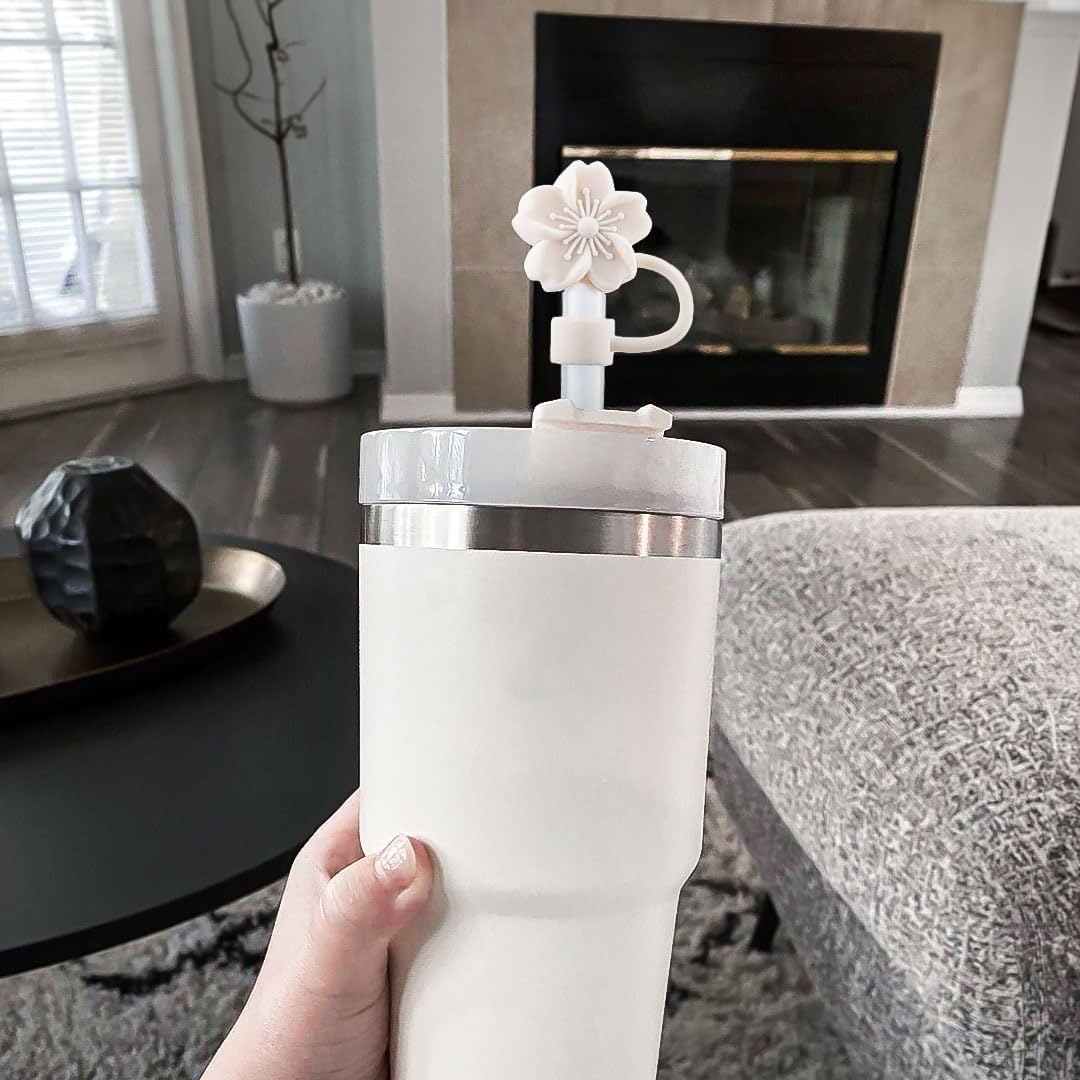 Straw Cover Cap for Stanley Cup, 3Pcs Cute Flower Straw Toppers Accessories Compatible with Stanley Cup 30&40 Oz Tumbler, Silicone Straw Tips Lids for Home and Party Decor, Beige