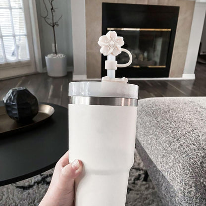 Straw Cover Cap for Stanley Cup, 3Pcs Cute Flower Straw Toppers Accessories Compatible with Stanley Cup 30&40 Oz Tumbler, Silicone Straw Tips Lids for Home and Party Decor, Beige