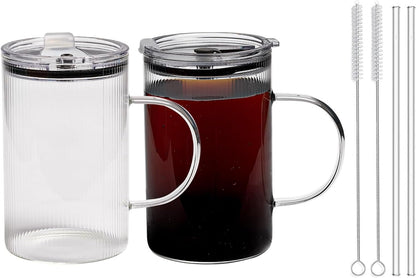 SUROQUE 20oz Ribbed Glass Tumblers with Lids & Straws, Ideal for Iced Coffee, Cocktails & More - Includes Cleaning Brush