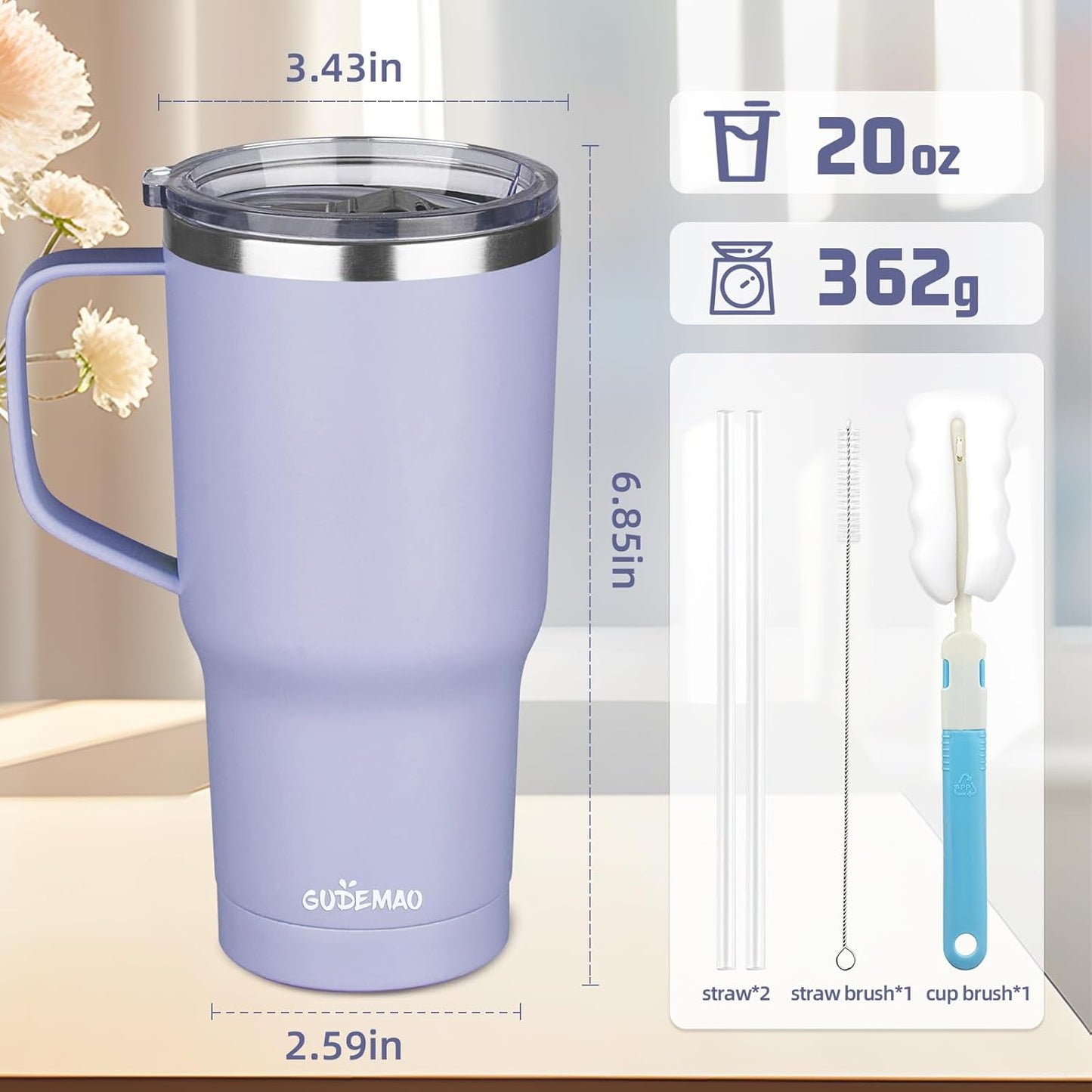 20 oz Insulated Coffee Mug with Ceramic Coating, Stainless Steel Travel Mug Tumbler with Handle Lid and Straw, Double Wall Leak-Proof Coffee Travel Mug Keeps Drink Hot and Cold (Black)