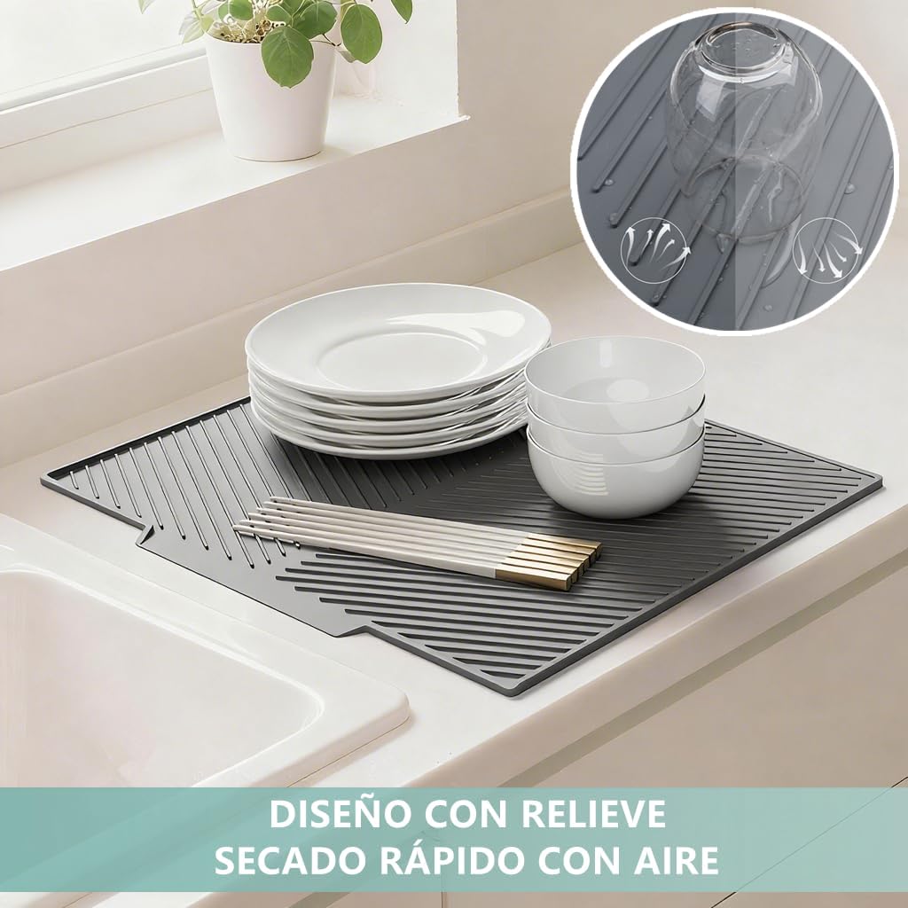 Dish Drying Mat, Silicone Dish Drying Mat for Kitchen Counter, Dish Drainboard Mat with Built-in Drain, Non-silp, Heat Resistant, Dishwasher Safe (Black, 14.6"x10.3")