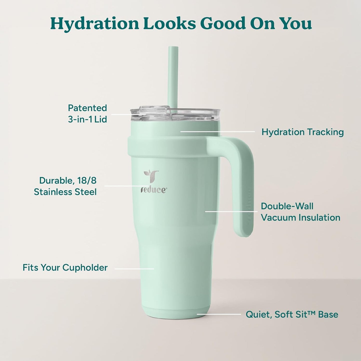 REDUCE 24 oz Stainless Steel Tumbler with Handle - Dual-Wall Vacuum Insulated Travel Mug, Sweat-Proof Lid & Reusable Straw - Keeps Drinks Cold for 24 Hrs, Fits Cupholders, Dishwasher Safe - Lilac Bud