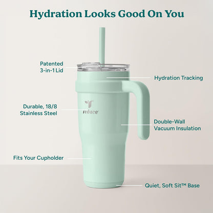 REDUCE 24 oz Stainless Steel Tumbler with Handle - Dual-Wall Vacuum Insulated Travel Mug, Sweat-Proof Lid & Reusable Straw - Keeps Drinks Cold for 24 Hrs, Fits Cupholders, Dishwasher Safe - Lilac Bud