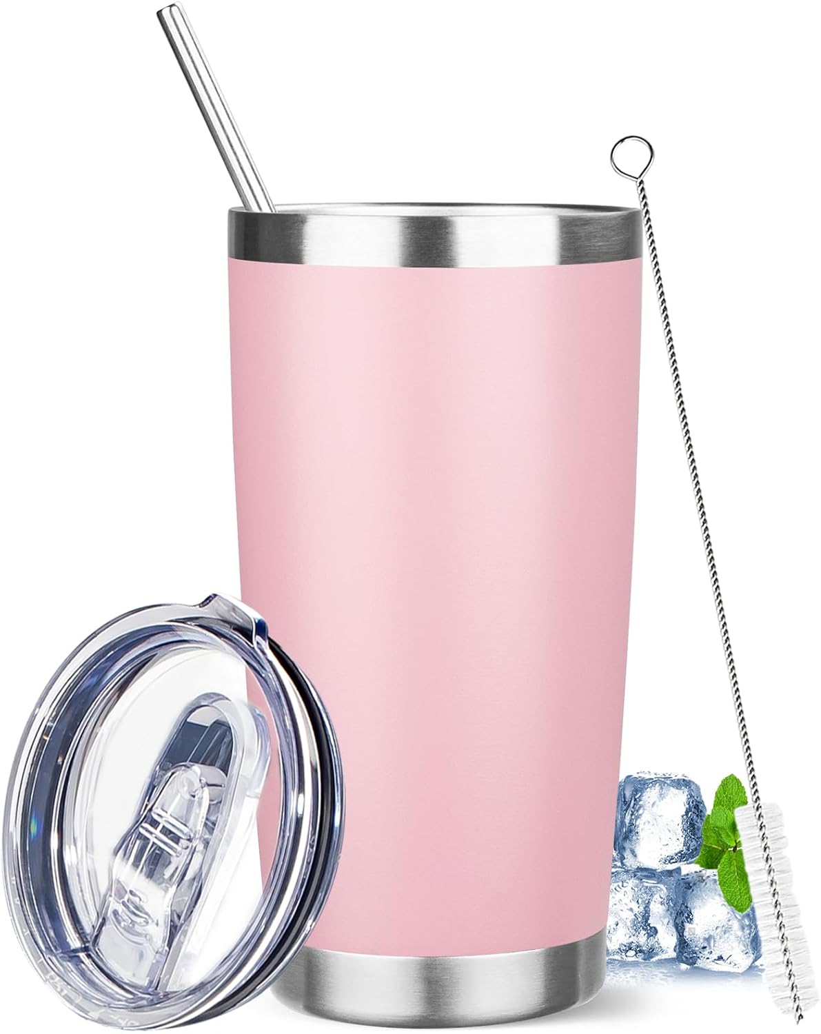 20 oz Tumbler with Lids and Straws, Stainless Steel Insulated Travel Coffee Mug, Double Wall Vacuum Insulated Tumblers, Powder Coated Coffee Tumbler for Cold & Hot Drinks (Light Purple)