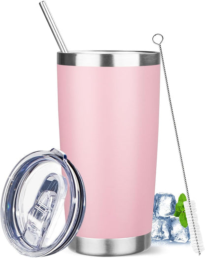20 oz Tumbler with Lids and Straws, Stainless Steel Insulated Travel Coffee Mug, Double Wall Vacuum Insulated Tumblers, Powder Coated Coffee Tumbler for Cold & Hot Drinks (Light Purple)