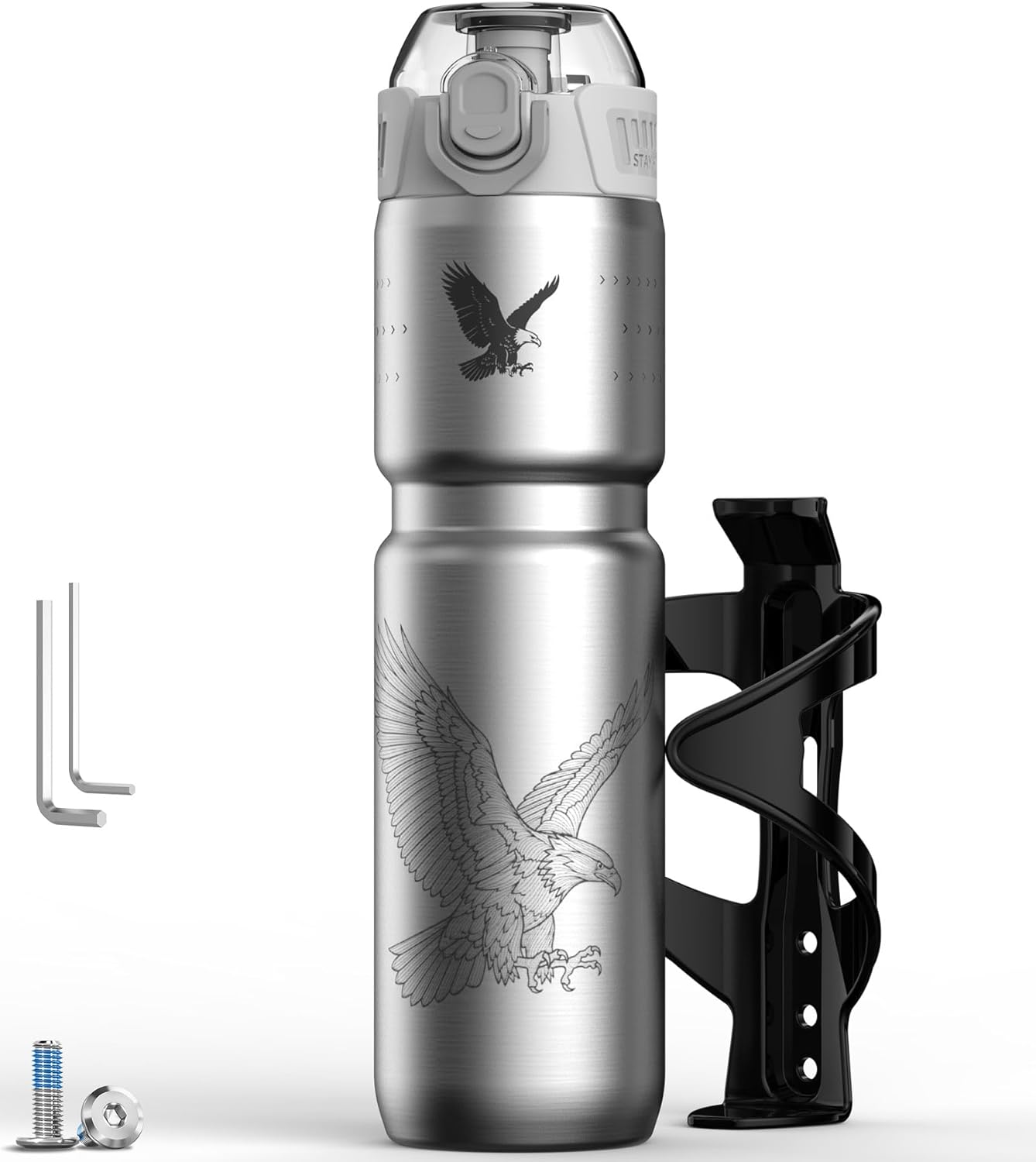 MYFOREST 24oz/700ml Insulated Bike Water Bottle, Odor-Free Surgical Steel Liner, Stronger Grip for Rough Trails, Quick-Open Chug/Straw 2-in-1, Dirt Cap (Glossy Steel)