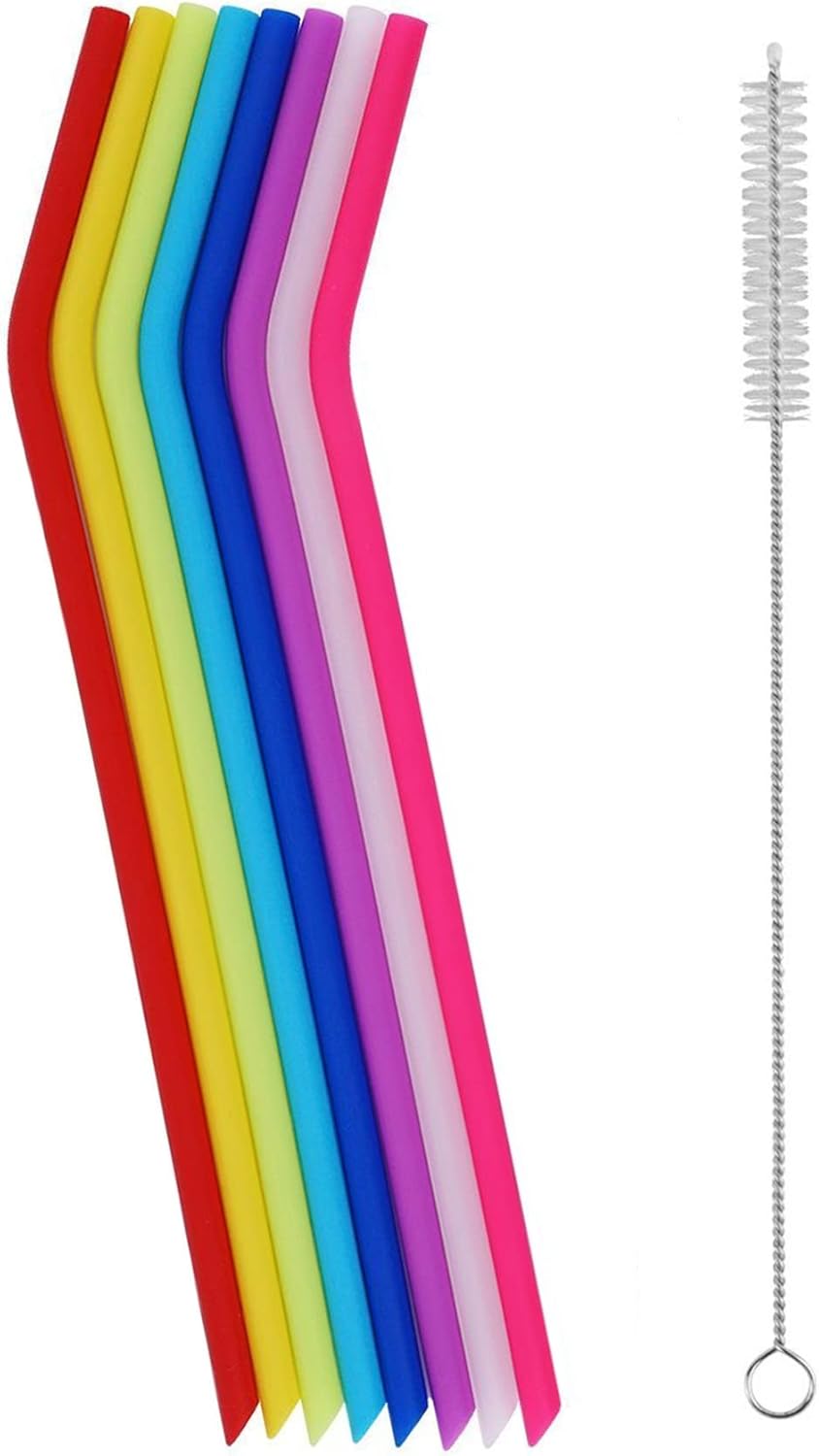 Tifanso 8 Pack Reusable Regular Size Silicone Drinking Straws with 1 Cleaning Brushes, Extra long Flexible Coffee Drinking Standard Size Straws for 20oz and 30oz Tumblers and Mason Jars