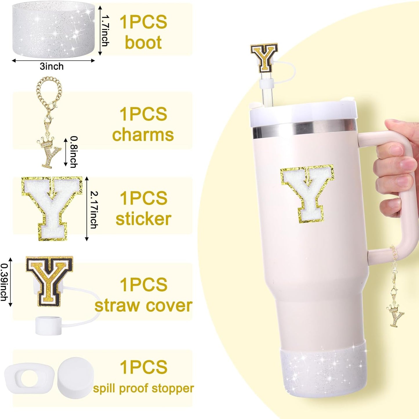 Mity Rain 6pc Cup Accessories Set for Stanley 30 oz & 40 oz Tumbler with Handle, Including Straw Cover Cap, Cup Initials Charm, Silicone Boot, Round & Square Spill Proof Stopper