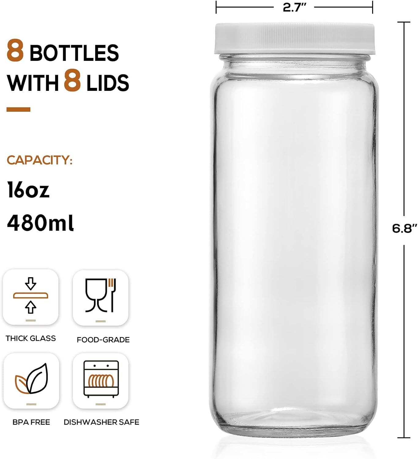 8 Pack 16OZ Glass Juice Bottles with 8 Airtight Lids & 2 Straw Lids & 2 Straws - Freezable Juice Container, Travel Juicing Jars, Drinking Water Cups - Reusable Tall Mason Jar for Tea, Juice, Smoothies