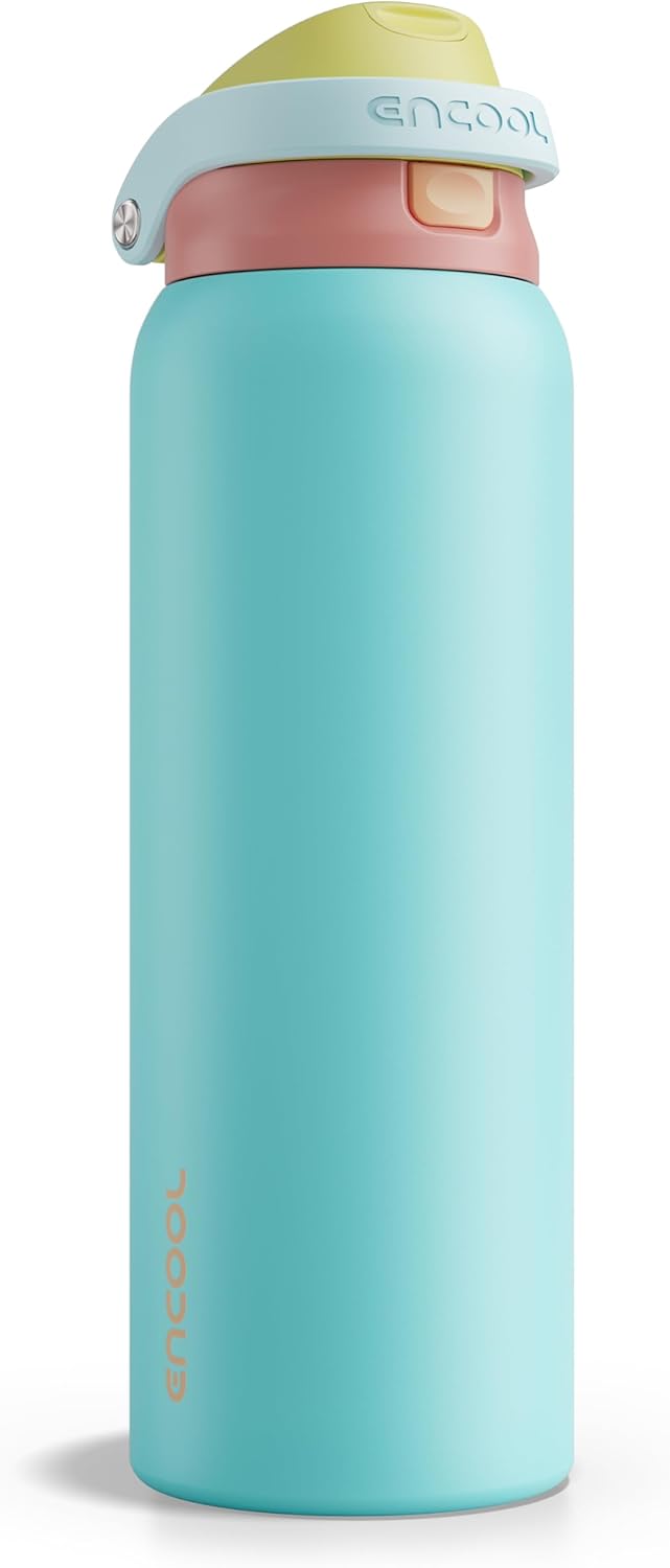 ENCOOL Leakproof Insulated Water Bottle with Straw Dual-Sip Water Bottle Bag-Safe Design for Work, Commute & Gym – Keeps Drinks Cold All Day, 24 oz, Lemonade Pink - Colors A