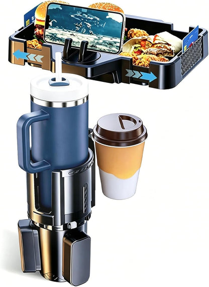 Car Cup Holder Tray, 10 Inch 4-in-1 Cup Holder Tray, 360° Rotating Drink Holder Expander with Detachable Food Tray & Phone Holder, Road Trip Essentials