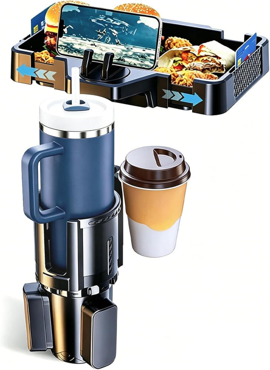 Car Cup Holder Tray, 10 Inch 4-in-1 Cup Holder Tray, 360° Rotating Drink Holder Expander with Detachable Food Tray & Phone Holder, Road Trip Essentials